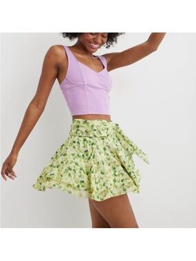 New! Aerie Skirt Wrap Around Mini Green Print XS Button & Tie Waist NWT